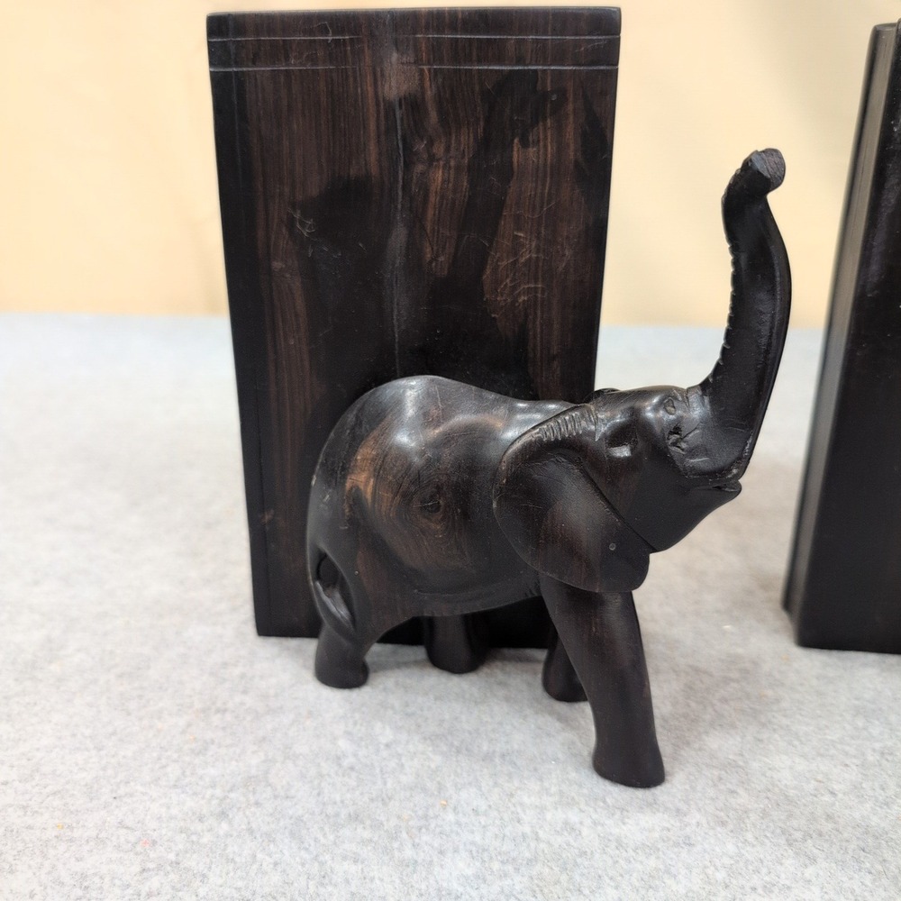 Vintage Hand Carved Wooden Elephant Bookends Dark Wood Broken Leg - Picture 2 of 6